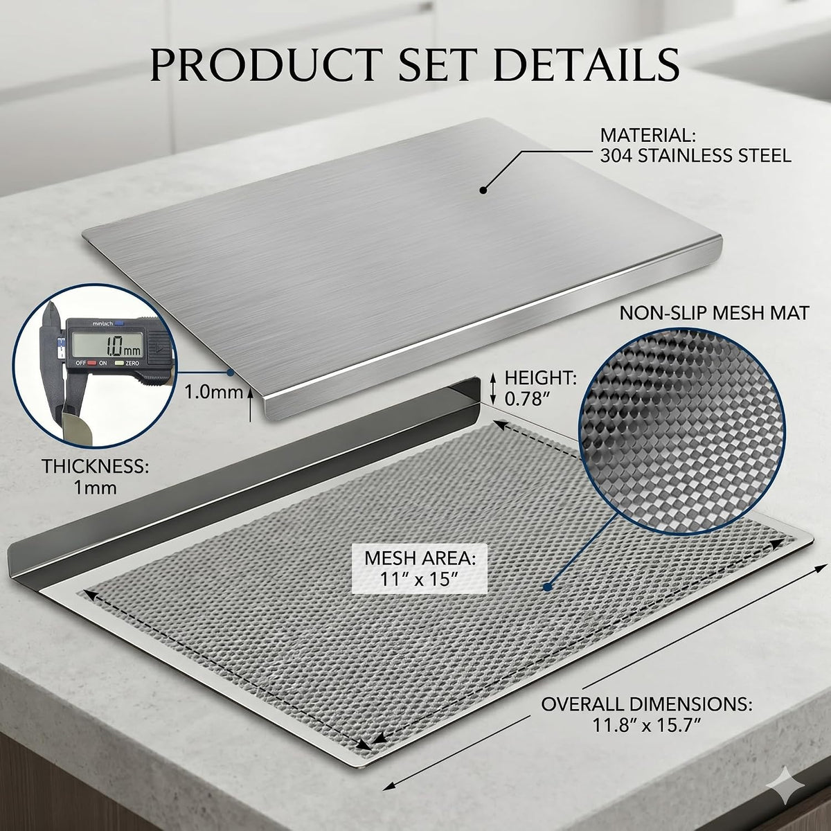 Cutting board and mesh mat set dimensions and material details