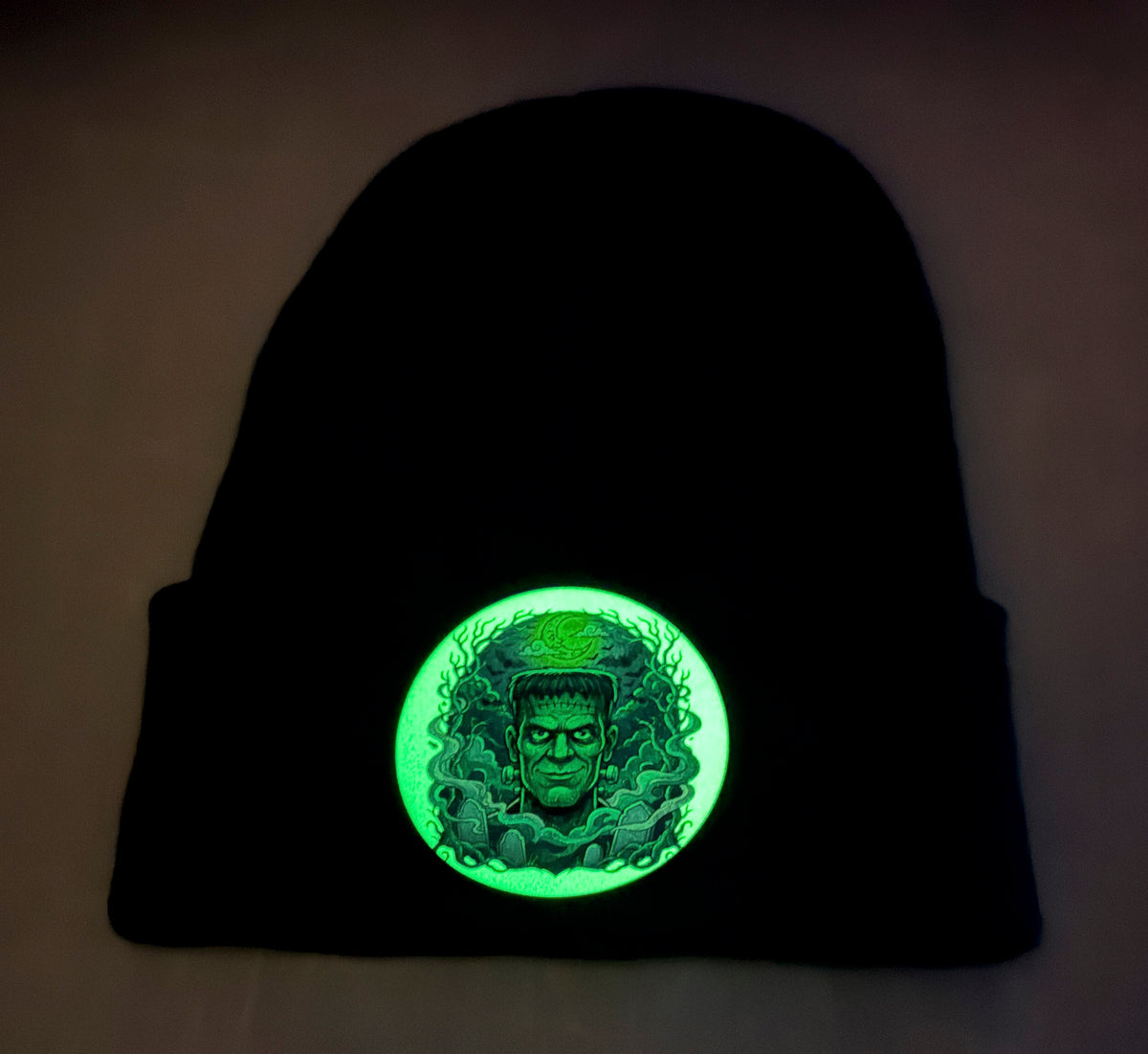 Frankenstein beanie patch glowing green in the dark