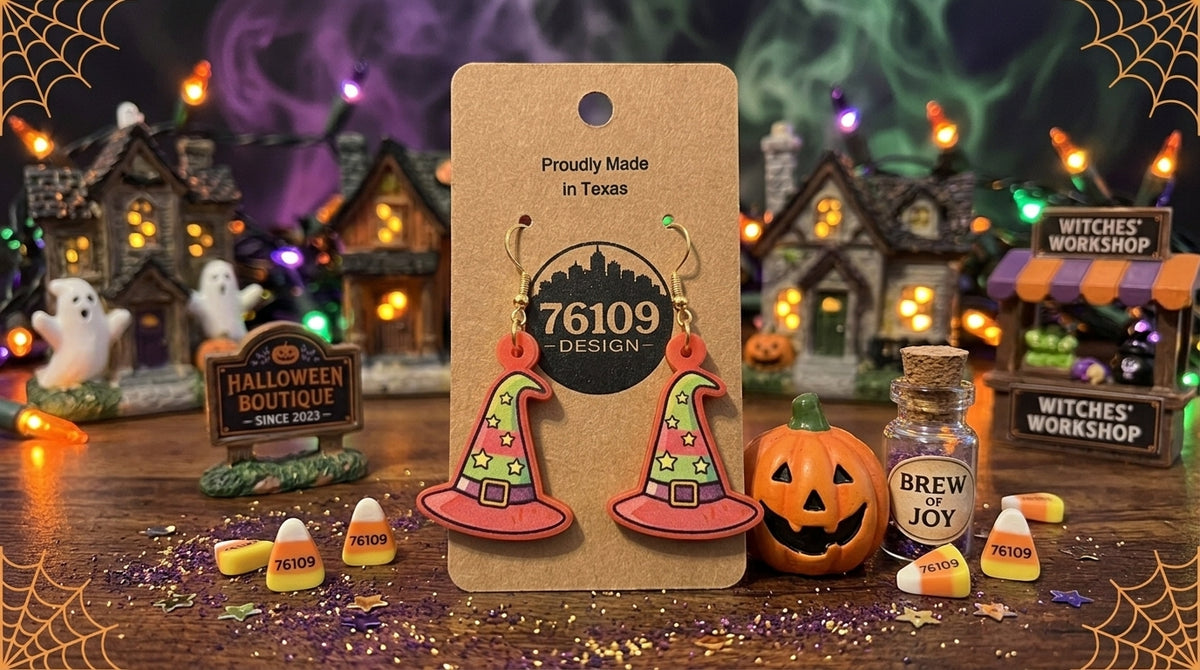 Striped witch hat Halloween earrings on a 76109 Design card