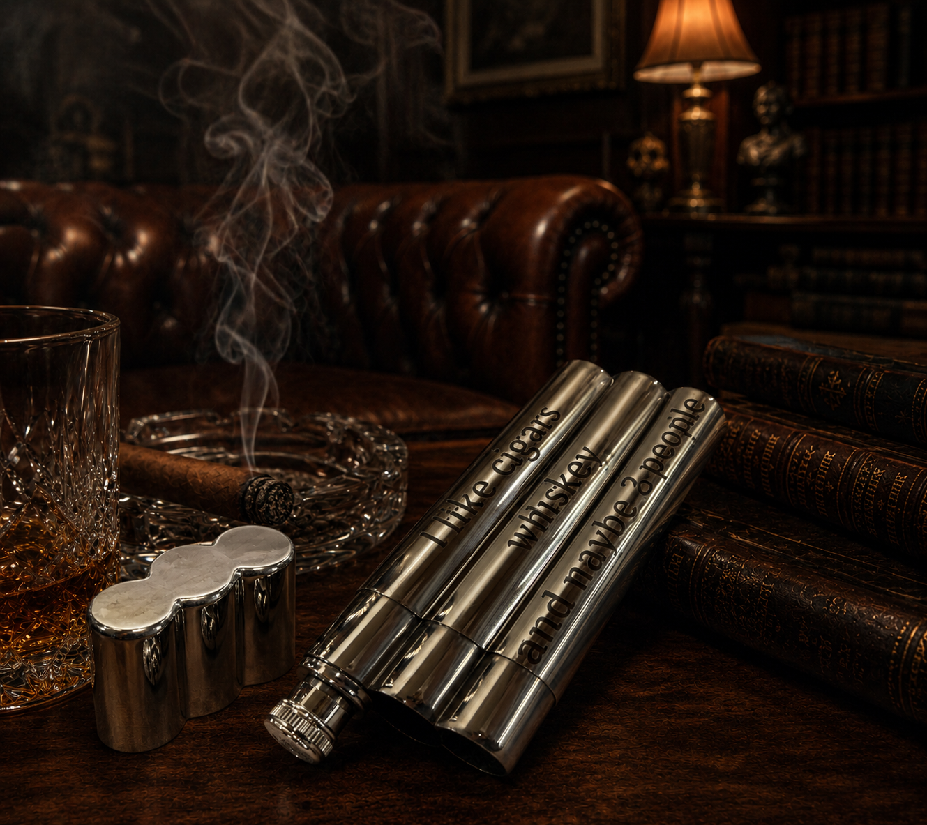 Cigar Tube & Flask – 2-Cigar Stainless Steel Holder with 1.5 oz Flask