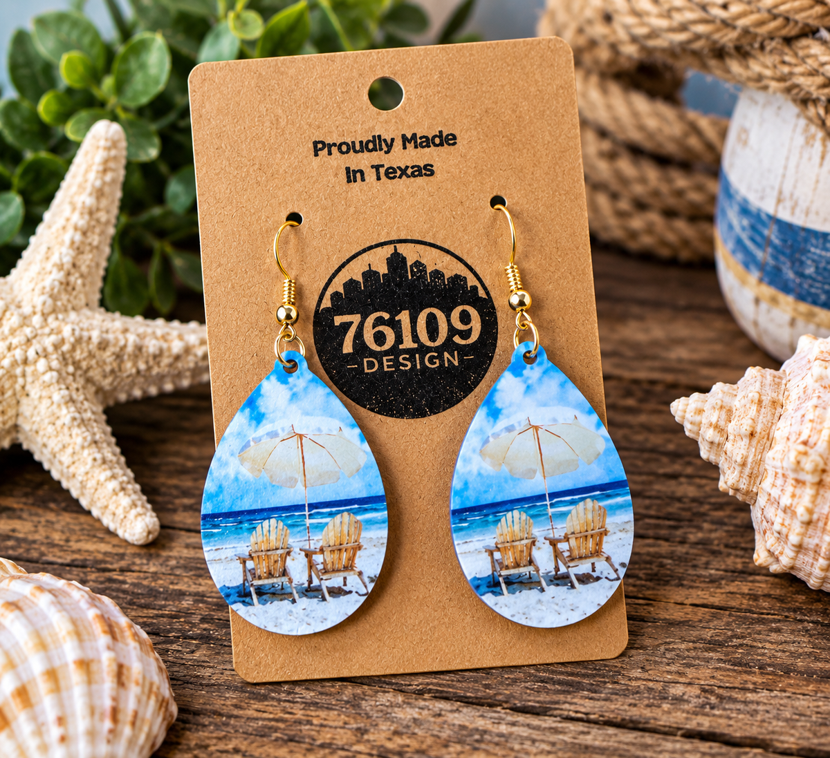 76109 Design Beach Droplet Earring - beach chairs and umbrella scene on teardrop earrings