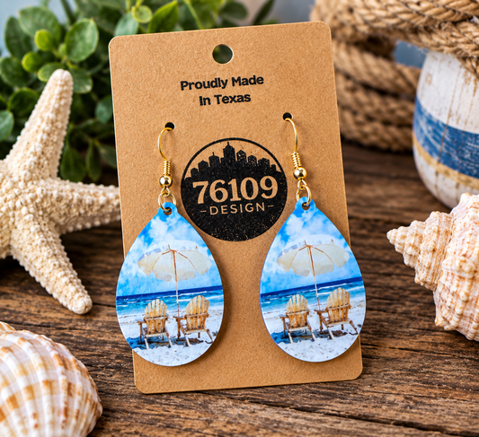 76109 Design Beach Droplet Earring - beach chairs and umbrella scene on teardrop earrings