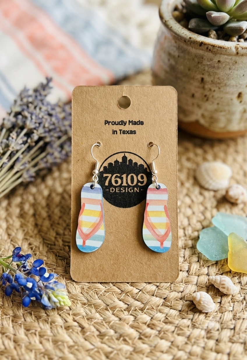 One of a Kind 76109 Design Beach Sandal Earring - rainbow striped flip flop wood earrings