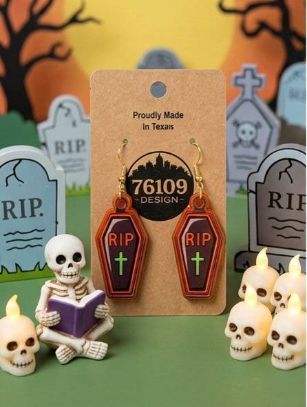 Coffin RIP Halloween earrings on a 76109 Design card