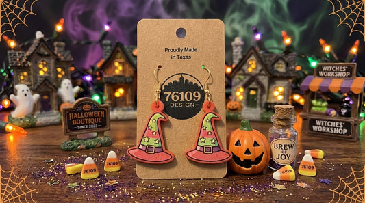 Striped witch hat Halloween earrings on a 76109 Design card