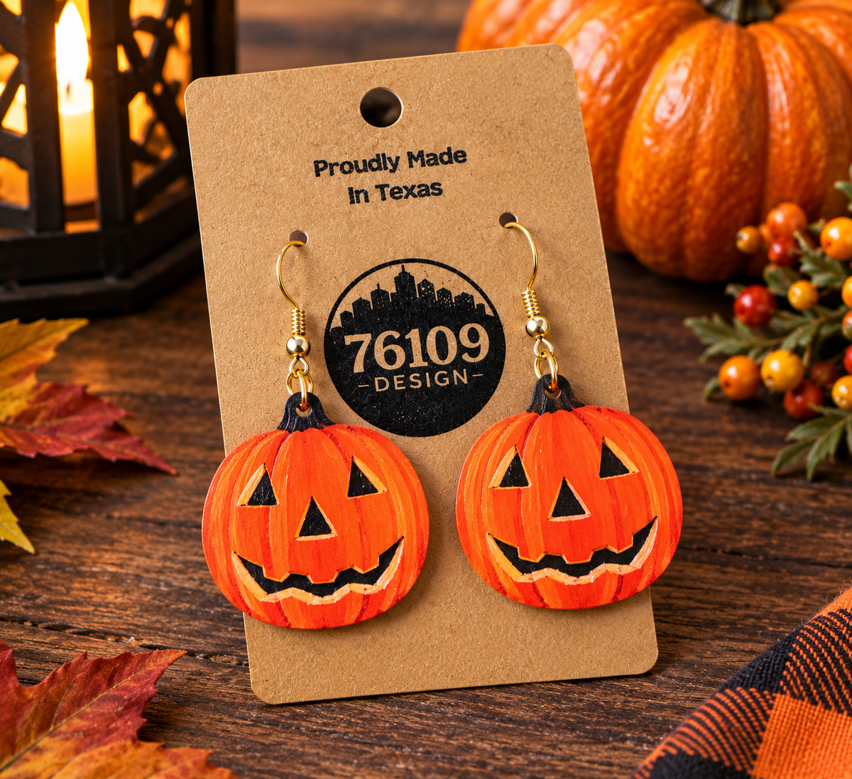 76109 Design Jack-O-Lantern Earring - hand-painted pumpkin face wood earrings